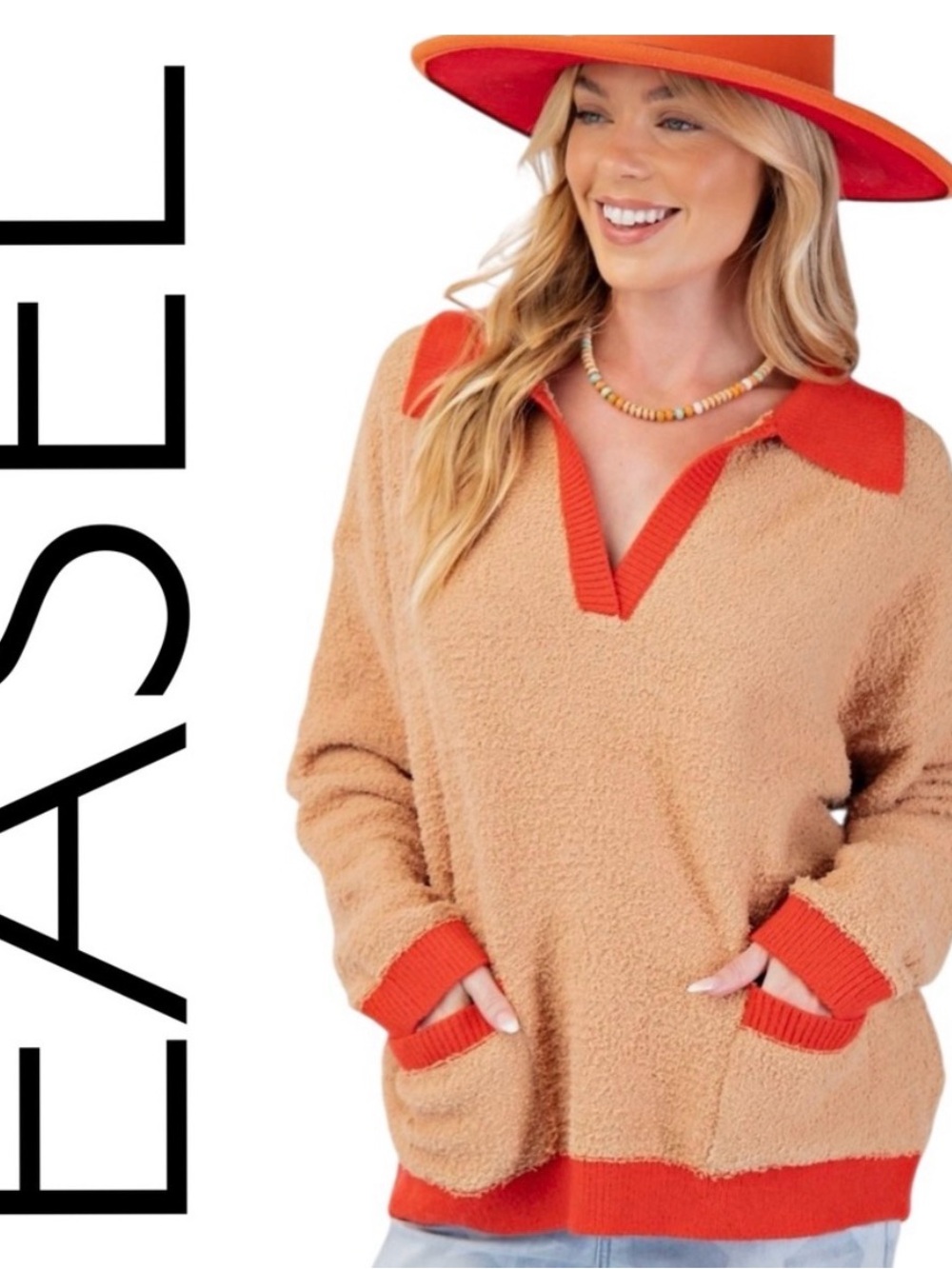 Easel Tan and Red V-Neck Sweater